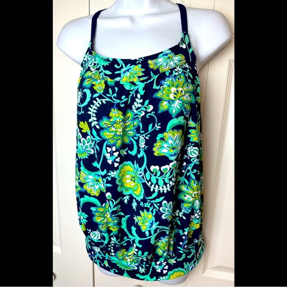LANDS END Tankini Beach Living Floral Paisley Blue Turquoise Padded Blouson Top - Picture 2 of 9